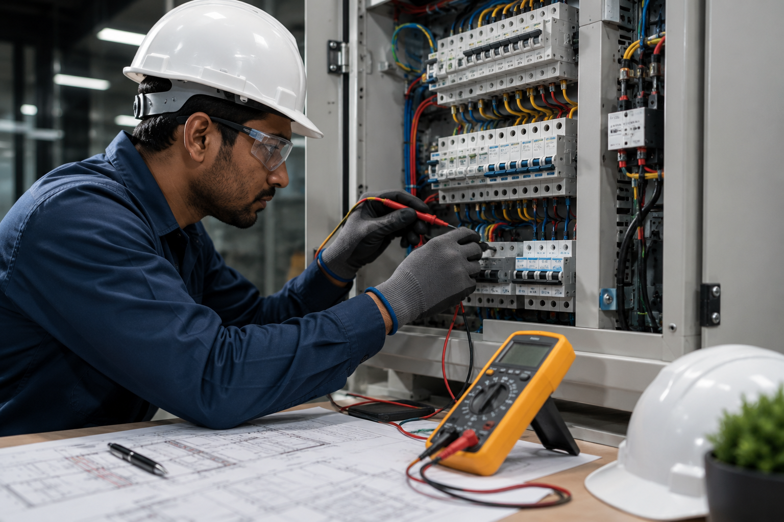 Electrician working on a wiring panel